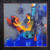 A large mixed-media canvas painting by Amol Pawar depicting a mother cradling a small orange Ganesha against a blue and gray background, with birds.