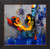 Mixed media painting of a golden woman cradling a red baby Ganesha elephant spirit against a blue and gray background by Amol Pawar.
