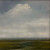 Square oil painting of three birds flying under a massive white cloud over a green marsh field by Laurie Weston.