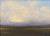 Tonalist oil painting of a dark farm field under a massive stormy grey sky with a golden yellow sunset strip by Laurie Weston.