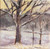 "Enduring" original 8x8 winter oil landscape painting by Debbie Campbell showing a large bare tree trunk covered in light snow against a pale yellow sky