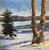 "Morning Shadow" original 8x8 winter landscape oil painting by Debbie Campbell showing sunlit tree trunks, an evergreen, and long blue shadows on snow.