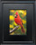 "Original 5x7 oil on canvas painting of a brilliant red male Northern Cardinal perched on a thick textured branch, painted by Elouise Lane Quadros for Go Native Gallery."