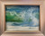 "Sea Escape #11" original 6x8 seascape pastel painting by Sandra Kavanaugh showing a green rolling wave crashing with an explosive vertical spray of white foam on a beach