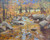 An original oil painting by Byron Carr titled Yellow Air, depicting a shallow rocky mountain stream surrounded by glowing yellow and gold autumn trees.