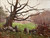 Horizontal impressionist oil painting of a large bare gnarled oak tree and stone wall in a green field under a misty gray winter sky by Byron Carr.