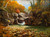 Horizontal impressionist oil painting of a cascading waterfall over gray granite rocks framed by bright orange autumn trees and a white birch by Byron Carr.