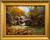 Horizontal impressionist oil painting of a cascading waterfall over gray granite rocks framed by bright orange autumn trees and a white birch by Byron Carr.