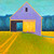 A large square contemporary landscape oil painting by Peter Batchelder titled Open Air, depicting a traditional lavender barn with an open doorway on a green field beneath a turquoise sky.