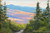 "Original 6x8 horizontal landscape pastel on paper painting titled White Mountain View #4 by Sandra Kavanaugh, showing a sweeping blue valley overlook framed by deep green pine trees."