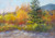 Alt Text for Image: "White Mountain View #10" original 6x8 soft pastel landscape painting by Sandra Kavanaugh showing bright orange and gold autumn trees next to an evergreen with a blue mountain background.