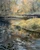 Detailed acrylic painting of a winding river with water lilies reflecting a golden forest by Doug Oliver.
