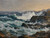 "Original 21.5 by 27.5 inch ocean seascape oil painting titled Sea Turn by Roger Deering, depicting crashing white waves against a rugged New England rocky coastline."