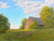 "Original 14x18 horizontal oil on canvas landscape painting titled First Light on the Barn by Jeanne Pierce, depicting an old rustic barn in an open field illuminated by soft morning lig