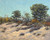 An original landscape oil painting by Jeanne Pierce titled Dunes at Plum Island, depicting sunlit sand dunes with long shadows leading to orange bushes and green pine trees under a blue sky.