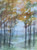 Vertical abstract acrylic painting of yellow autumn trees framing a misty blue and green valley view by Cathryn Cooper.