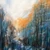 Small square abstract impressionist acrylic painting of bright orange autumn trees covered in a blue and white icy winter mist by Cathryn Cooper.