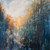Textured square acrylic painting of blue winter trees framing a glowing orange sunburst in the mist by Cathryn Cooper.