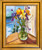 Vertical impressionist oil painting of purple and yellow irises in a glass jar on a table by a window overlooking a blue lake by Sara Rae.