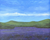Oil painting of a purple lavender field leading to rolling green hills under a bright blue sky by Laurie Weston.