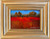"Original 6x4 miniature horizontal oil on Masonite painting titled Morning Poppies by Monique Sakellarios, showing a figure standing in a blazing red poppy field under a clear blue sky."