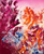 Large vertical abstract expressionist painting with thick pink, orange, and blue palette knife strokes by Grace Scarlet