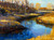 Horizontal impressionist oil landscape painting of a blue river winding through golden marsh grass under trees by Vincent Crotty.