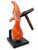 Vertical three-quarter view of the contemporary mixed media sculpture 'Sticken' featuring an antique rock hammer embedded in an orange alabaster stone on a black granite base by Rebecca Robinson