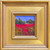 Small square impressionist oil painting of a person walking through a bright red poppy field past green trees under a blue sky by Monique Sakellarios.