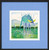 Square watercolor painting of a whimsical blue-striped monster with big yellow horns standing in a green lily pond by Mike Driscoll.
