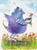 Vertical watercolor painting of a quirky blue and purple polka-dotted creature with a striped tail holding flowers by Mike Driscoll.