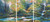 Three-panel horizontal triptych abstract impressionist acrylic painting of a green forest with an orange autumn canopy and a rushing white waterfall by Cathryn Cooper.