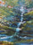 Three-panel horizontal triptych abstract impressionist acrylic painting of a green forest with an orange autumn canopy and a rushing white waterfall by Cathryn Cooper.