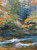 Three-panel horizontal triptych abstract impressionist acrylic painting of a green forest with an orange autumn canopy and a rushing white waterfall by Cathryn Cooper.