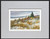 Horizontal watercolor painting of a golden field with snow patches leading to a green pine tree and red barn under a gray winter sky by Mike Driscoll