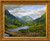 Horizontal impressionist oil painting of Mount Willard and a green mountain valley with a rushing river and log bridge under a clearing sky by Byron Carr