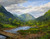 Horizontal impressionist oil painting of Mount Willard and a green mountain valley with a rushing river and log bridge under a clearing sky by Byron Carr