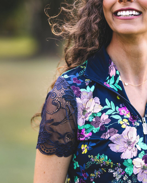 NEW SIZING!! Kastel Denmark UV Shirt - Lace Cap Sleeve Navy Lush Garden - S ONLY