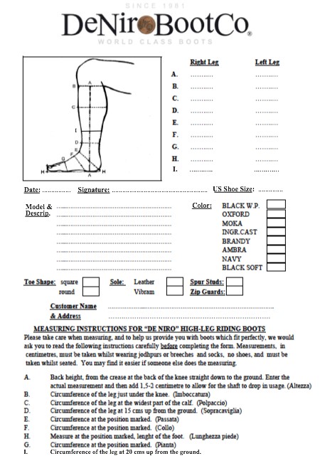 Deniro Boot Size Chart