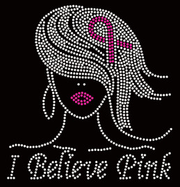 I Believe Pink Girl (Fuchsia Ribbon Straight Hair) Breast Cancer Awareness Rhinestone Transfer