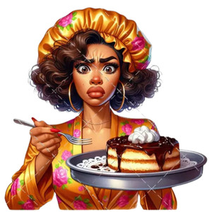 (2 qty) Black Woman In Floral Pajamas Holding A Chocolate-Covered Cake DTF transfers