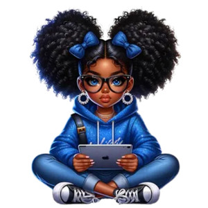 (2 qty) Girl With Afro-Puffs Holding A Tablet DTF transfers