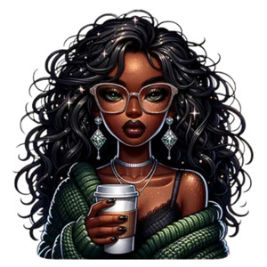 (2 qty) Woman With Long, Curly Black Hair And Glasses, Holding A Coffee Cup DTF transfer