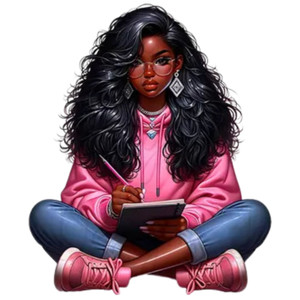 (2 qty) Woman With Long, Voluminous Dark Hair, Wearing Glasses, A Pink Hooded Sweatshirt, And Denim Jeans DTF transfer