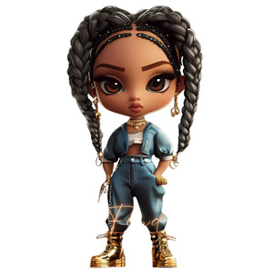 (2 qty) Young Woman With Long, Braided Hair, A Blue Denim Outfit, And Gold Boots DTF transfer