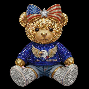 (2 Qty) USA Golden Rhinestone Teddy Bear - DTF transfer