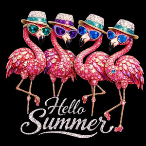 (2 Qty) Hello Summer Flamingo Rhinestone- DTF transfer