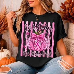 (2 qty) In October we wear pink with Pumpkin Breast Cancer awareness Ribbon - DTF transfer