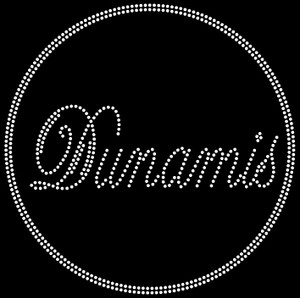 DUNAMIS (Cursive) inside circle - custom Rhinestone transfer DUNAMIS (Cursive) inside circle - custom Rhinestone transfer