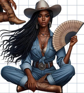 (2 Qty) Cowgirl blue dress sitting with fan Western DTF transfer